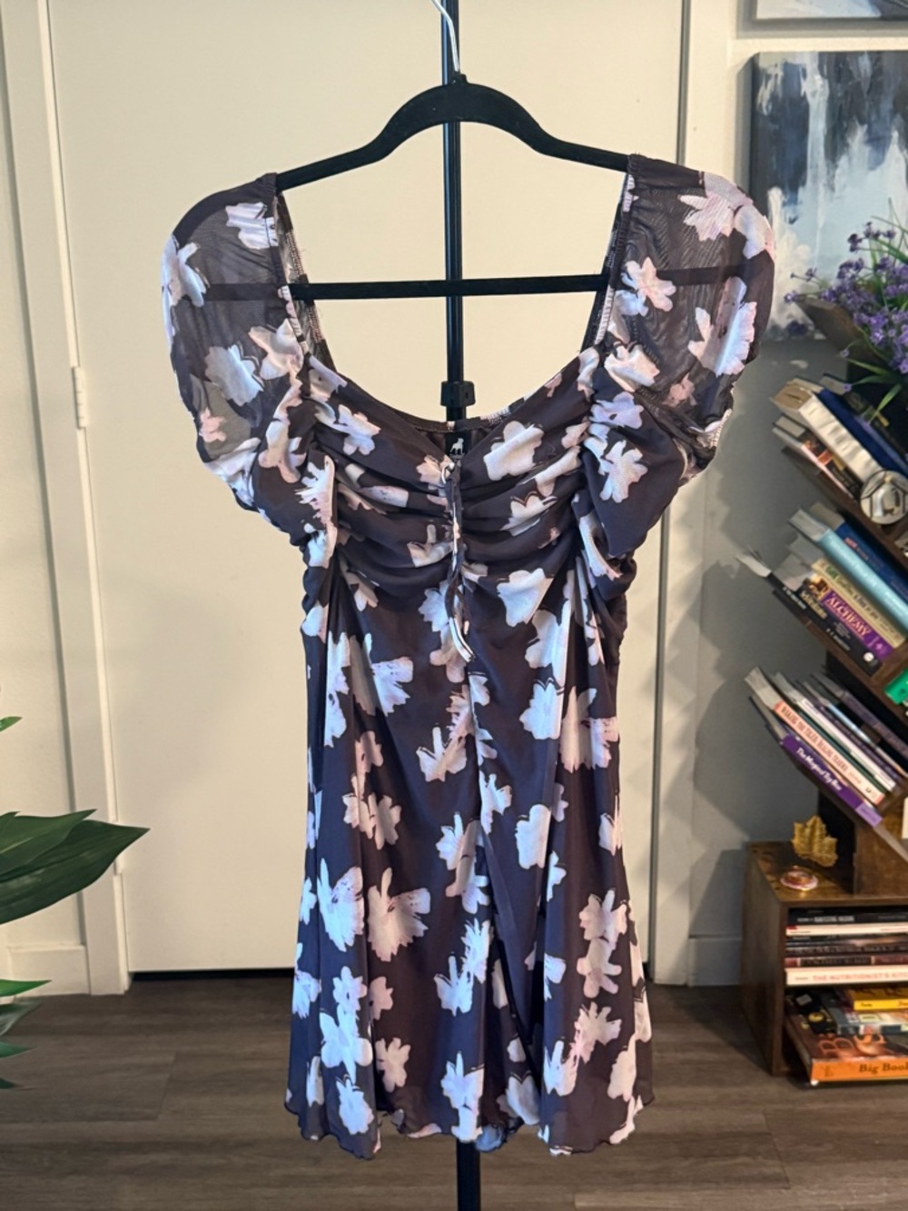 Brown Floral Scoop-Neck Mini Dress with Pink Accent Blossoms